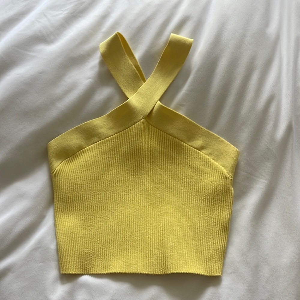 Babaton Yellow Cross-Back Ribbed Crop Top